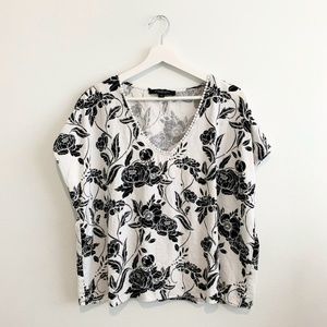 Marc NY Pretty Women’s Linen Blouse Casual Bohemian Floral White & Black X-Large